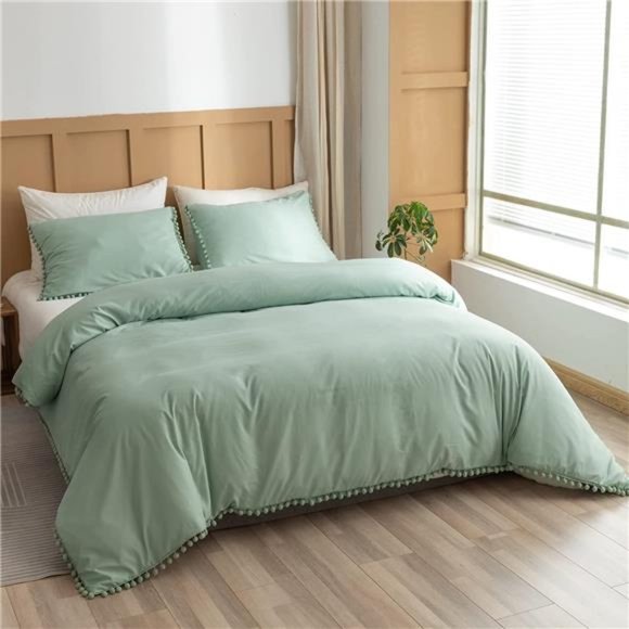 Sage Green Queen Comforter Set Ball Pom Fringe Design 3pcs, Aesthetic